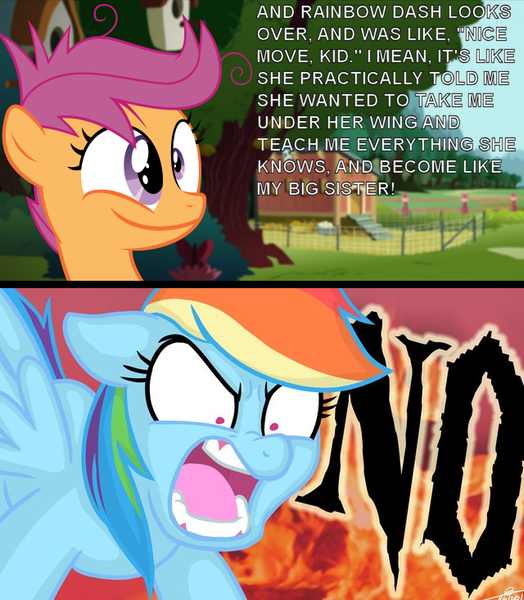 Size: 640x733 | Tagged: abuse, messy mane, no, rainbow dash, safe, scootabuse, scootaloo, sleepless in ponyville