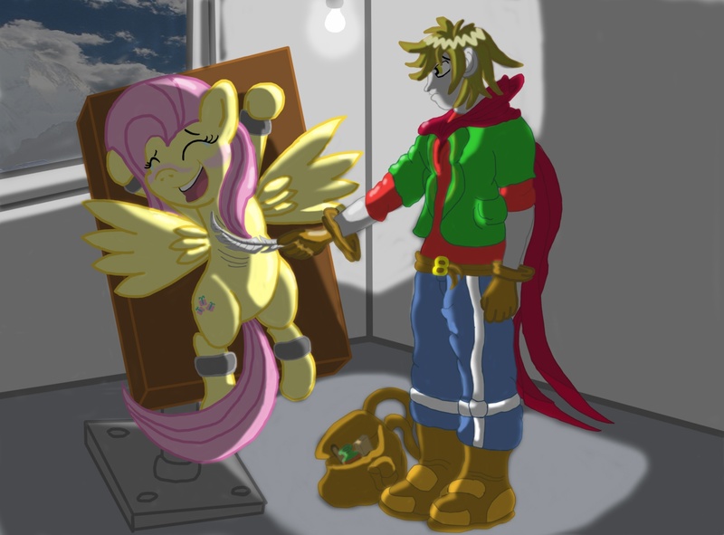 Size: 1725x1275 | Tagged: artist:horrormage, bondage, derpibooru import, feather, fluttershy, human, non-mlp oc, oc, questionable, tickle torture, tickling