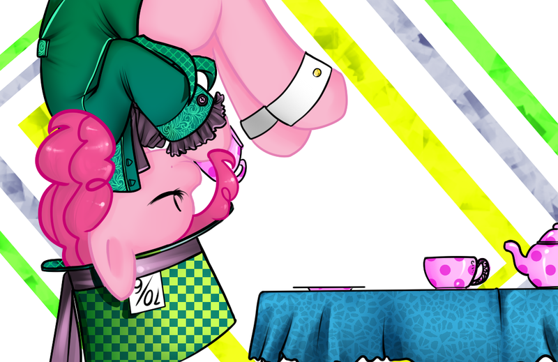 Size: 1080x700 | Tagged: safe, artist:azure-doodle, derpibooru import, pinkie pie, earth pony, pony, alice in wonderland, clothes, eyes closed, female, mad hatter, mare, solo, tea party, upside down