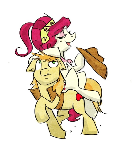 Size: 693x759 | Tagged: 30 minute art challenge, artist:cider, braeburn, cherryburn, cherry jubilee, derpibooru import, female, male, ponies riding ponies, riding, safe, shipping, straight