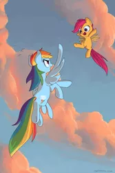 Size: 550x825 | Tagged: safe, artist:naroclie, derpibooru import, rainbow dash, scootaloo, flying, scootaloo can fly