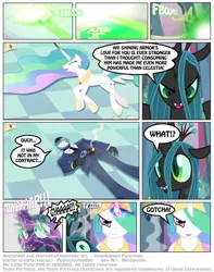 Size: 900x1143 | Tagged: safe, artist:ponymaan, derpibooru import, princess celestia, queen chrysalis, alternate ending, comic, crossover, eyes closed, fangs, frown, glare, injured, mask, on back, open mouth, royal wedding, side, smiling, smirk, spy, surprised, taser, team fortress 2, weapon, wide eyes, xanatos gambit