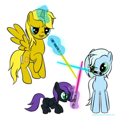 Size: 1024x1024 | Tagged: safe, artist:zomgitsalaura, derpibooru import, oc, oc:nyx, oc:ticket, oc:tracy cage, unofficial characters only, alicorn, pony, alicorn oc, lightsaber, simple background, star wars, transparent background