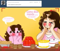 Size: 1236x1051 | Tagged: artist:shinta-girl, ask, blushing, cake, comic, dashface, derpibooru import, jello, muffin, oc, oc:shinta pony, pie, safe, shinta girl, spanish, this will end in weight gain, translated in the description, tumblr, unofficial characters only, wingboner