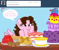 Size: 1236x1051 | Tagged: artist:shinta-girl, ask, butter, cake, dashface, derpibooru import, diet, jello, muffin, oc, oc:shinta pony, pancakes, pie, safe, spanish, this will end in weight gain, translated in the description, tumblr, unofficial characters only