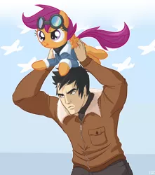 Size: 1500x1700 | Tagged: safe, artist:tex, derpibooru import, scootaloo, oc, oc:tex, human, pony, bomber jacket, clothes, cute, cutealoo, goggles, holding a pony, jacket, this will end in tears, this will end in tears and/or death and/or covered in tree sap, tongue out