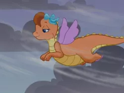 Size: 640x480 | Tagged: safe, derpibooru import, screencap, whimsey weatherbe, dragon, twinkle wish adventure, bow, dragoness, female, flying, g3.5, hair bow