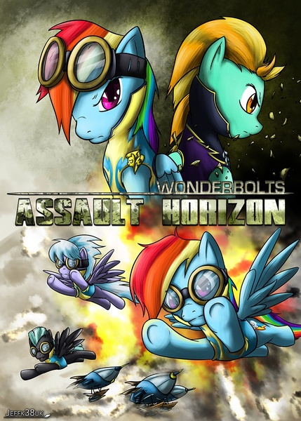 Size: 900x1258 | Tagged: ace combat, artist:jeffk38uk, badass, blimp, clothes, cloudchaser, costume, crossover, derpibooru import, explosion, goggles, lightning dust, parody, rainbow dash, safe, shadowbolts, shadowbolts costume, thunderlane, wonderbolts, wonderbolt trainee uniform