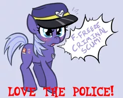 Size: 562x448 | Tagged: blushing, criminal scum, derpibooru import, first world anarchist, meta, oc, oc:blue fuzz, police, safe, stop right there criminal scum, unofficial characters only