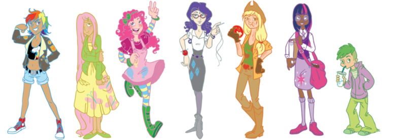 Size: 900x311 | Tagged: applejack, artist:luckyenigma, belly button, breasts, clothes, converse, delicious flat chest, derpibooru import, dress, flattershy, fluttershy, humanized, mane seven, mane six, midriff, pinkie pie, rainbow dash, rarity, safe, shoes, skinny, skirt, spike, tanktop, twilight sparkle