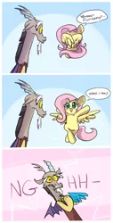 Size: 550x1080 | Tagged: safe, artist:keterok, derpibooru import, discord, fluttershy, draconequus, pegasus, pony, bipedal, blushing, comic, cute, dialogue, discoshy, discute, female, frown, gritted teeth, heart attack, hiding, hnnng, male, mare, open mouth, peekaboo, shipping, shyabetes, smiling, straight, wide eyes, wing hands