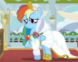 Size: 1280x1024 | Tagged: safe, artist:niggerfaggot, derpibooru import, rainbow dash, pegasus, pony, bouquet, bride, clothes, dress, female, happy, happy days, hoof ring, looking at you, mare, marriage, pov, rainbow dash always dresses in style, ring, solo, tears of joy, wedding, wedding dress, wedding ring