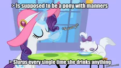 Size: 1280x720 | Tagged: canterlot, caption, derpibooru import, drinking, duo, edit, edited screencap, greentext, hat, magic, meta, milk, opalescence, rarity, safe, screencap, sweet and elite, table, text, uncouth, window