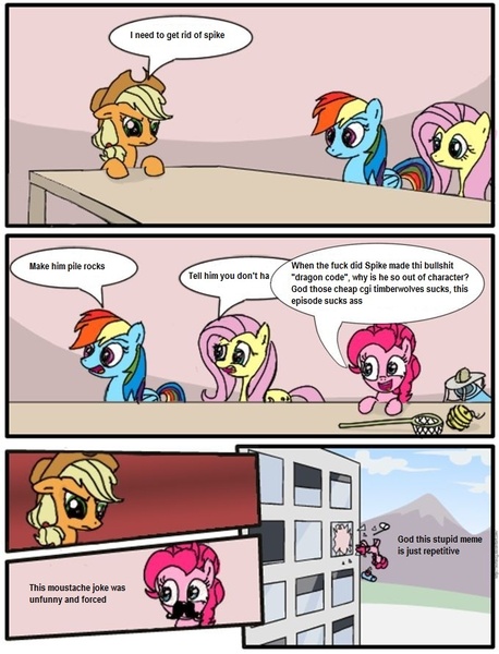 Size: 680x891 | Tagged: applejack, artist:mrfancy, comic, derpibooru import, employer meme, exploitable meme, fluttershy, hejibits, pinkie pie, rainbow dash, safe, vulgar