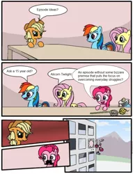 Size: 680x891 | Tagged: applejack, artist:mrfancy, comic, derpibooru import, edit, employer meme, exploitable meme, fluttershy, hejibits, moustache, pinkie pie, rainbow dash, safe