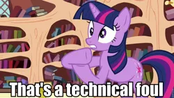 Size: 960x540 | Tagged: safe, derpibooru import, edit, edited screencap, screencap, twilight sparkle, the crystal empire, 8 crazy nights, golden oaks library, image macro, reference, solo, whitey