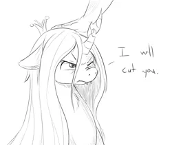 Size: 750x634 | Tagged: artist:jalm, changeling, cute, cutealis, dead source, derpibooru import, dialogue, fangs, female, floppy ears, frown, glare, grayscale, hand, human, looking up, monochrome, nose wrinkle, one eye closed, petting, queen chrysalis, safe, scrunchy face, sketch, :t, tsundere, wink