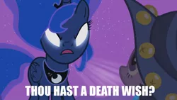 Size: 1000x562 | Tagged: safe, derpibooru import, edit, edited screencap, screencap, princess luna, twilight sparkle, unicorn, luna eclipsed, caption, clothes, costume, female, glowing eyes, image macro, mare, reaction image, star swirl the bearded costume, text, traditional royal canterlot voice, unicorn twilight