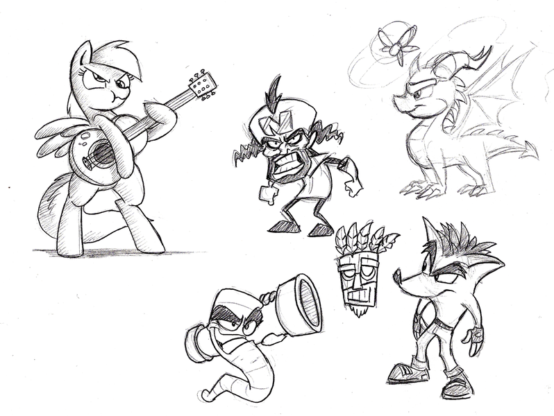 Size: 1000x752 | Tagged: safe, artist:mickeymonster, derpibooru import, derpy hooves, pony, aku aku, bipedal, boggy b, crash bandicoot, crossover, doctor neo cortex, guitar, monochrome, musical instrument, sketch, sketch dump, spyro the dragon, traditional art, worms (video game)