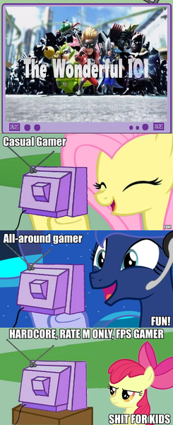 Size: 625x1528 | Tagged: apple bloom, derpibooru import, exploitable meme, fluttershy, gamer luna, gamershy, meme, princess luna, safe, the wonderful 101, tv meme, wii u