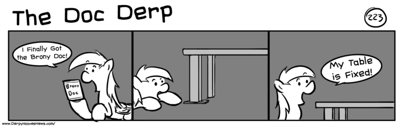 Size: 1280x404 | Tagged: safe, artist:tetrapony, derpibooru import, derpy hooves, pegasus, pony, comic:the daily derp, brony documentary, bronydoc, comic, female, mare, monochrome, table, the doc derp