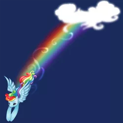 Size: 1350x1350 | Tagged: safe, artist:ladyduskfall, derpibooru import, rainbow dash, pegasus, pony, blue background, cloud, female, flying, mare, rainbow trail, simple background, solo, spread wings, wings