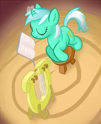 Size: 733x900 | Tagged: artist:javkiller, derpibooru import, eyes closed, lyra heartstrings, lyre, magic, music, safe, sheet music, smiling, solo, song book, stool