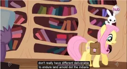 Size: 856x467 | Tagged: safe, derpibooru import, screencap, angel bunny, fluttershy, spike, dragon, pegasus, pony, rabbit, just for sidekicks, animal, bag, hub logo, saddle bag, walking, youtube caption