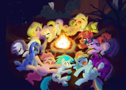 Size: 1280x916 | Tagged: applejack, artist:naomiknight17, campfire, camping, derpibooru import, earth, fire, fluttershy, ice, mane six, oc, oc:agua, oc:cryo, oc:gem, oc:pyro, oc:terra, oc:typhoon, pinkie pie, plasma, rainbow dash, rarity, safe, sleeping, snoring, twilight sparkle, water, wind