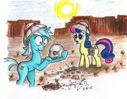 Size: 900x703 | Tagged: safe, artist:jessyruiz, derpibooru import, bon bon, lyra heartstrings, sweetie drops, earth pony, human, pony, unicorn, bipedal, duo, hat, human skull, humie, saddle bag, skull, sun, traditional art