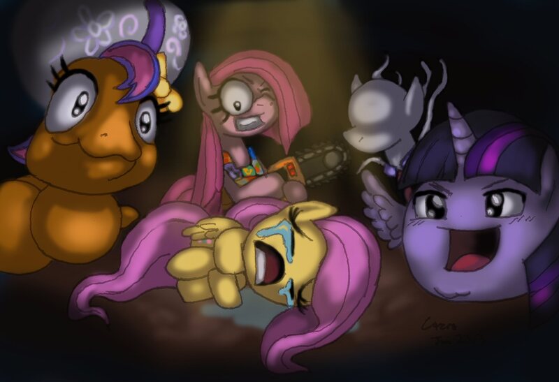 Size: 1810x1237 | Tagged: semi-grimdark, artist:cazra, derpibooru import, fluttershy, pinkie pie, scootaloo, twilight sparkle, twilight sparkle (alicorn), alicorn, pony, yukkuri, fanfic:cupcakes, chainsaw, crossover, crying, parody, pinkamena diane pie, scary, scotloo, slenderman, slendermane, slendermare, slenderpony, the binding of isaac, touhou