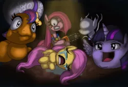 Size: 1810x1237 | Tagged: semi-grimdark, artist:cazra, derpibooru import, fluttershy, pinkie pie, scootaloo, twilight sparkle, twilight sparkle (alicorn), alicorn, pony, yukkuri, fanfic:cupcakes, chainsaw, crossover, crying, parody, pinkamena diane pie, scary, scotloo, slenderman, slendermane, slendermare, slenderpony, the binding of isaac, touhou