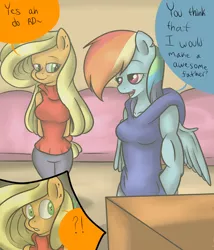 Size: 1944x2273 | Tagged: anthro, applejack, artist:reneesdetermination, breasts, busty applejack, busty rainbow dash, comic, comic:stone cold, derpibooru import, rainbow dash, safe, stone cold