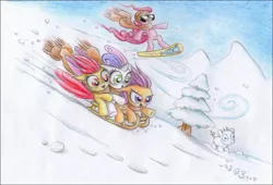 Size: 1808x1226 | Tagged: apple bloom, artist:deathcutlet, clothes, cutie mark crusaders, derpibooru import, pinkie pie, riding, safe, scarf, scootaloo, sled, sledding, snow, snowfall, sunglasses, sweetie belle, traditional art