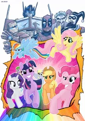 Size: 900x1275 | Tagged: safe, artist:liamshalloo, derpibooru import, applejack, derpy hooves, fluttershy, pinkie pie, rainbow dash, rarity, spike, twilight sparkle, pegasus, pony, batman, crossover, deadpool, female, harley quinn, iron man, mane seven, mane six, mare, optimus prime, the joker, transformers, x-men