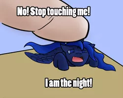 Size: 1116x887 | Tagged: safe, artist:alexander93, derpibooru import, princess luna, human, pony, bat thread, chibi, crying, cute, fangs, filly, finger, floppy ears, i am the night, image macro, open mouth, parody, petting, prone, spread wings, stop touching me, woona