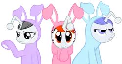 Size: 5000x2635 | Tagged: safe, artist:fabulouspony, derpibooru import, oc, oc:apathia, oc:discentia, oc:karma, unofficial characters only, pony, unicorn, animal costume, annoyed, bunny costume, clothes, costume, easter, female, happy, holiday, looking at you, mare, reddit, simple background, transparent background, vector