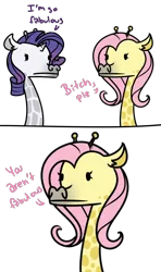 Size: 882x1485 | Tagged: artist:cuttycommando, comic, derpibooru import, dialogue, fluttershy, giraffe, giraffied, rarity, safe, species swap, vulgar