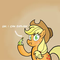 Size: 3000x3000 | Tagged: applejack, artist:lendabit, caught, derpibooru import, dialogue, food, fruit heresy, hilarious in hindsight, pear, safe, scrunchy face