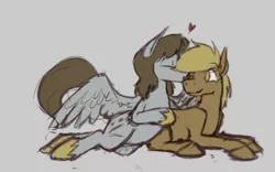 Size: 699x437 | Tagged: safe, artist:enma-darei, derpibooru import, oc, oc:mortimer hooves, oc:paper pony, unofficial characters only, earth pony, pegasus, pony, :v, brown, gay, gray, heart, hooves, male, prone, shipping, sketch, smiling, stallion, unshorn fetlocks