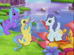 Size: 640x480 | Tagged: safe, derpibooru import, island delight, cloud pony, pegasus, pony, friends are never far away, background pony, bubbles pony, butterfly island, eye contact, female, flower, g3, grass, looking at each other, mare, open mouth, rearing, sitting, smiling, spread wings, waterfall, wings