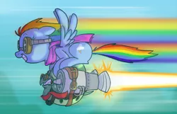 Size: 1000x643 | Tagged: action pose, artist:professor-ponyarity, carrying, derpibooru import, flying, goggles, jet engine, rainbow dash, riding, rocket, safe, tank