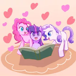 Size: 500x500 | Tagged: safe, artist:nyankamedon, derpibooru import, pinkie pie, rarity, twilight sparkle, book, heart, pixiv, reading