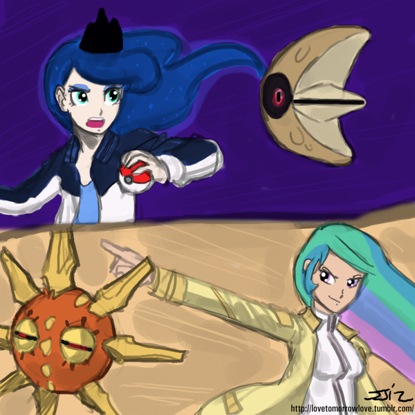 Size: 850x850 | Tagged: artist:johnjoseco, colored, crossover, derpibooru import, human, humanized, lunatone, pokémon, princess celestia, princess luna, safe, solrock