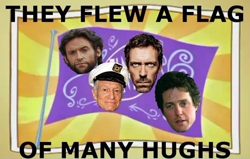 Size: 500x319 | Tagged: derpibooru import, flag, hugh grant, hugh hefner, hugh jackman, hugh laurie, human, irl, irl human, photo, pun, safe