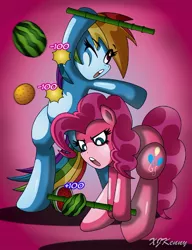 Size: 550x717 | Tagged: safe, artist:xjkenny, derpibooru import, pinkie pie, rainbow dash, pony, bipedal, fruit ninja, watermelon