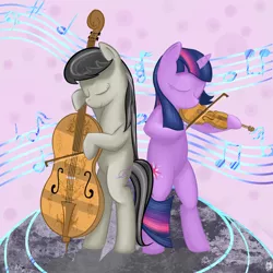 Size: 1000x1000 | Tagged: safe, artist:cheshiresdesires, derpibooru import, octavia melody, twilight sparkle, pony, bipedal, duet, music, musical instrument