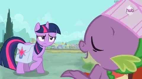 Size: 480x268 | Tagged: safe, derpibooru import, screencap, spike, twilight sparkle, dragon, pony, unicorn, just for sidekicks, bag, chef, chef's hat, dargon, hat, saddle bag, unicorn twilight