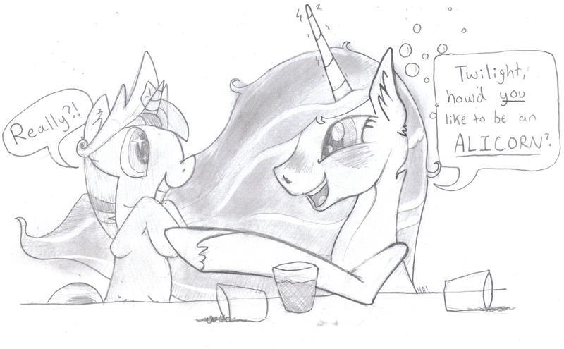 Size: 6480x4008 | Tagged: absurd resolution, artist:cerko, derpibooru import, drunk, drunklestia, princess celestia, safe, sketch, twilight sparkle