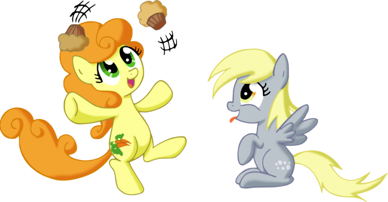 Size: 1320x690 | Tagged: artist:quarium, carrot top, cute, cutie top, derpibooru import, derpy hooves, golden harvest, juggling, muffin, safe, younger